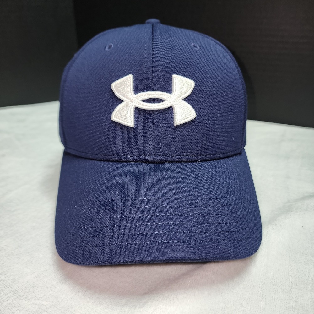 Under Armour Mens Blitzing Navy‎ Blue Stretch Fit Baseball Hat Cap M/L Logo